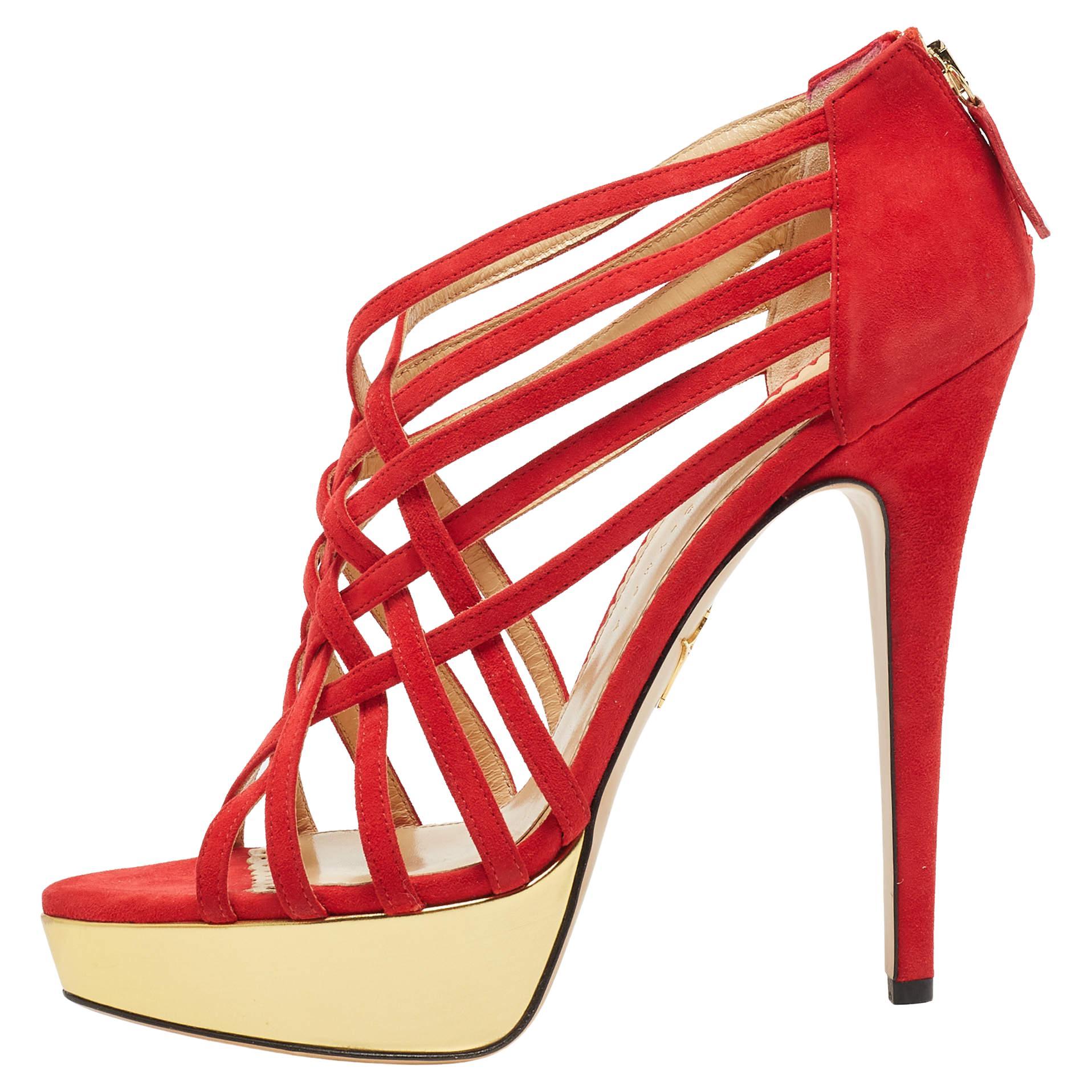 Charlotte Olympia Red Suede Strappy Platform Sandals Size 40 For Sale