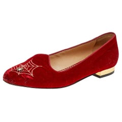 Charlotte Olympia Red Velvet Embroidered Ballet Flats Size 37