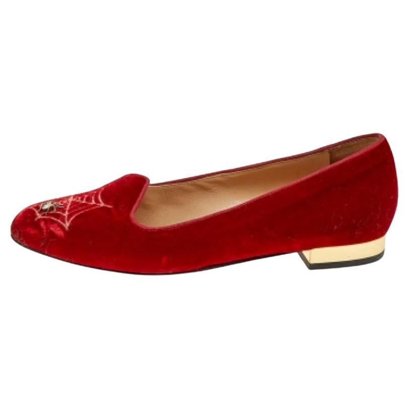 Charlotte Olympia Red Velvet Embroidered Ballet Flats Size 37