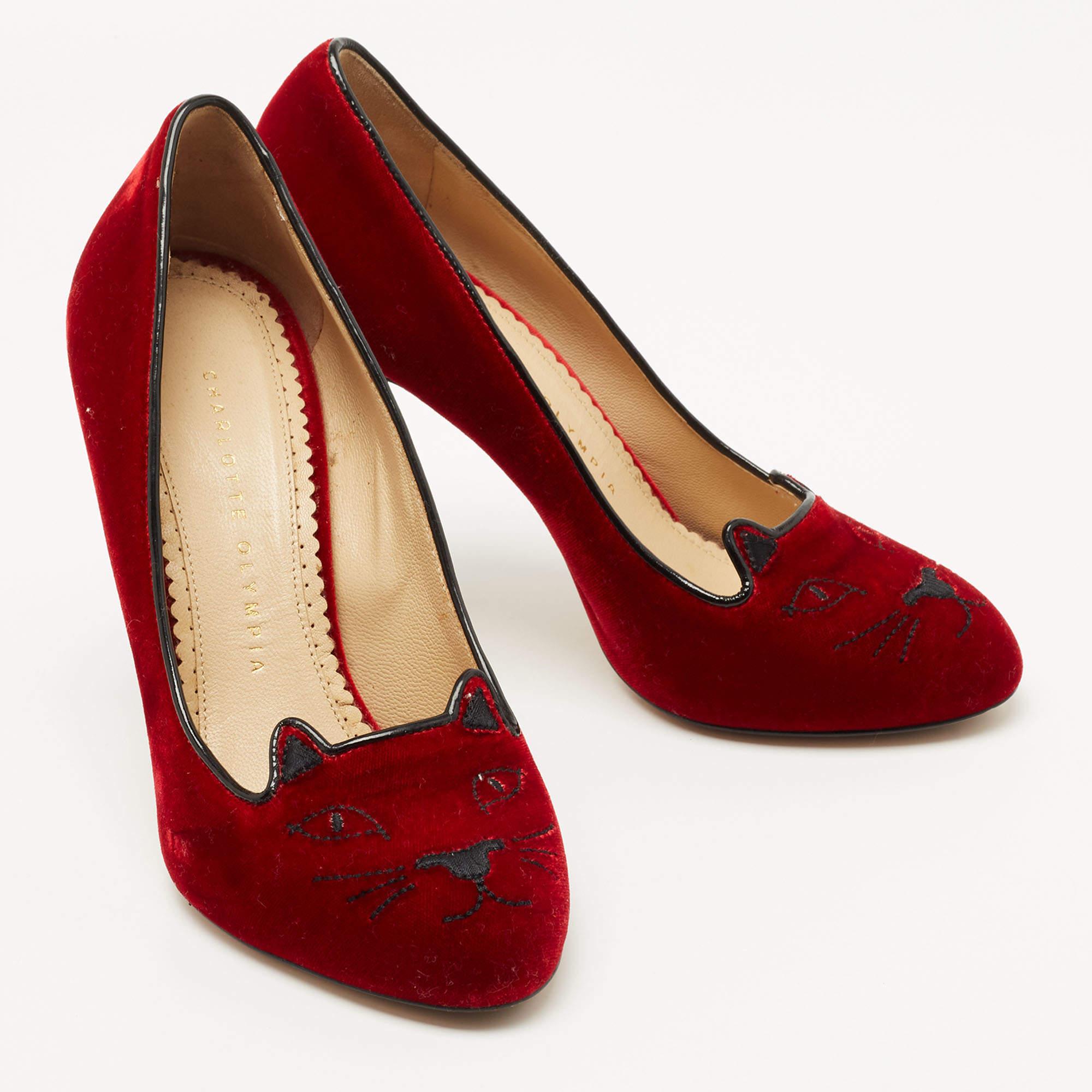 Charlotte Olympia Red Velvet Embroidered Kitty Pumps Size 37.5 For Sale 1