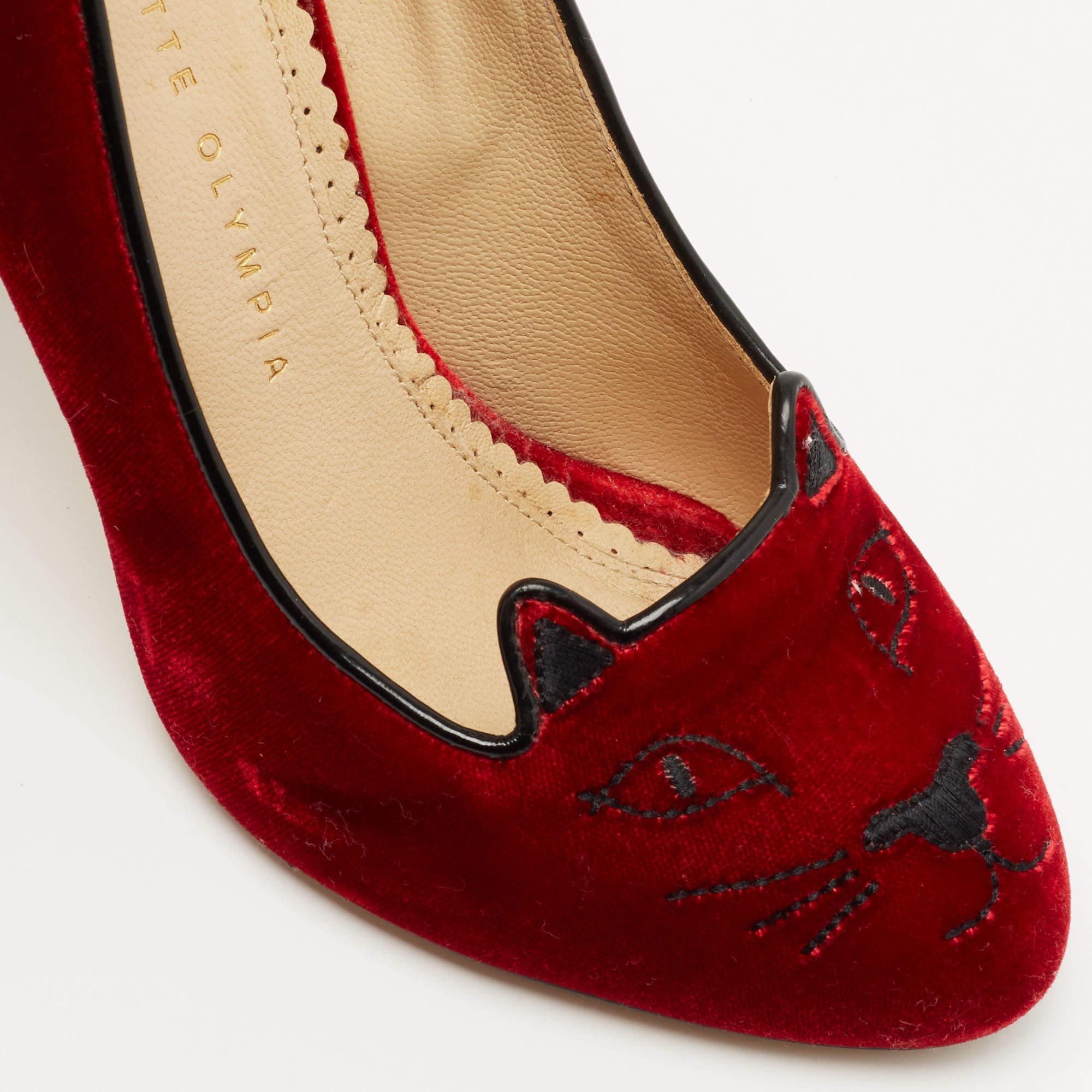 Charlotte Olympia Red Velvet Embroidered Kitty Pumps Size 37.5 For Sale 4