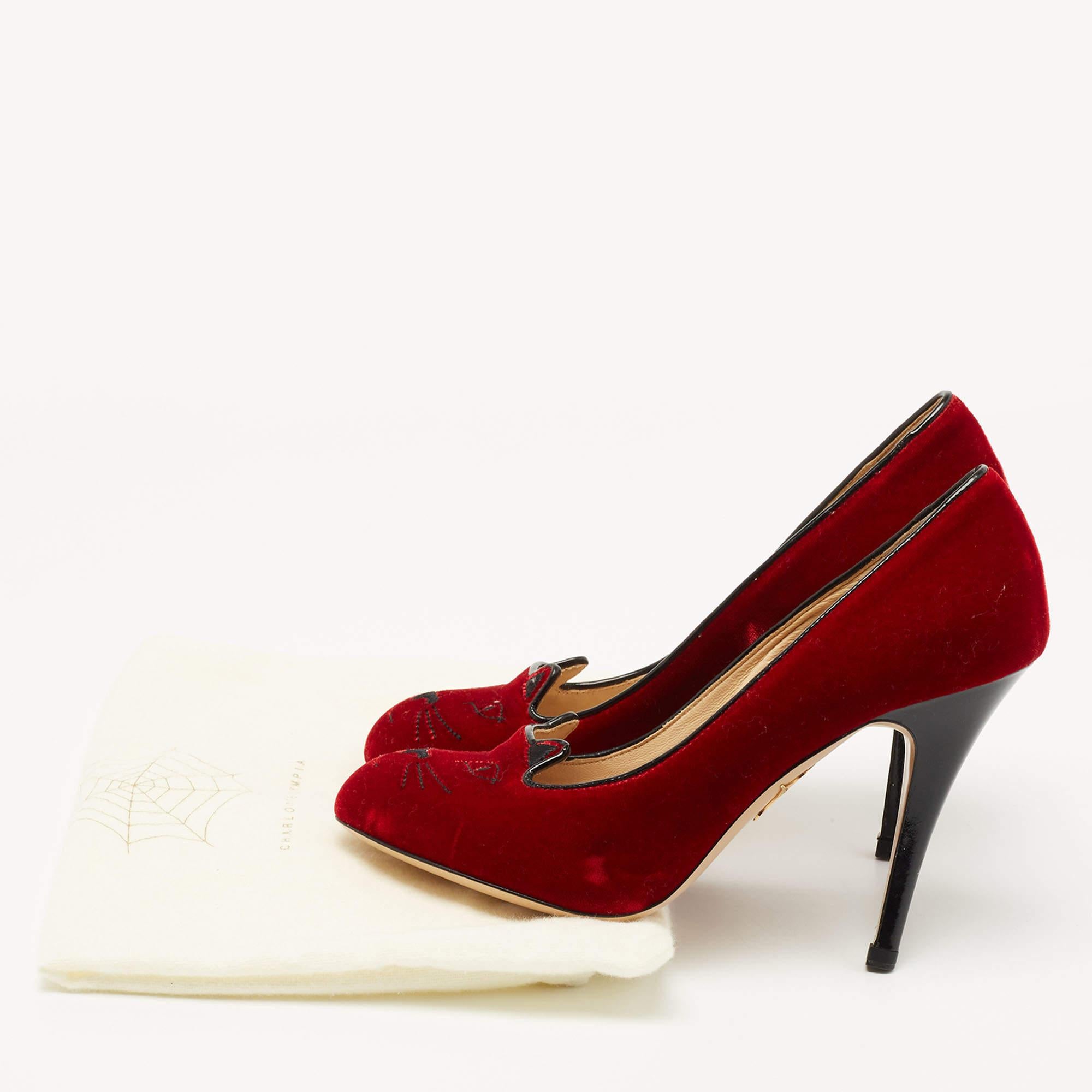 Charlotte Olympia Red Velvet Embroidered Kitty Pumps Size 37.5 For Sale 5
