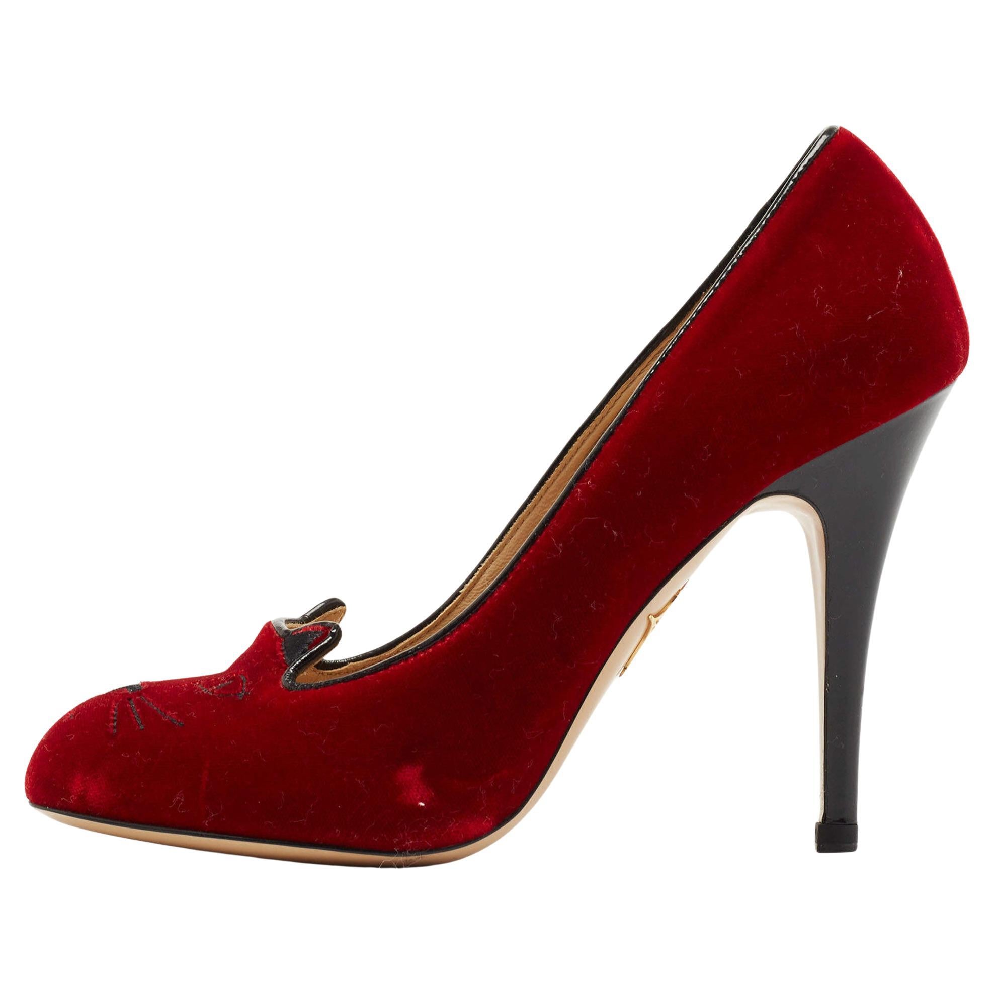 Charlotte Olympia Red Velvet Embroidered Kitty Pumps Size 37.5 For Sale