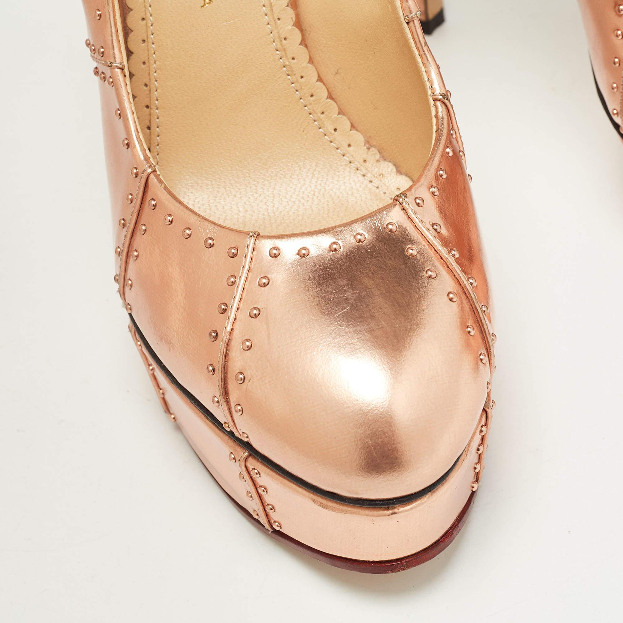 Charlotte Olympia Rose Gold Leather Studded Platform Pumps Size 38.5 For Sale 3
