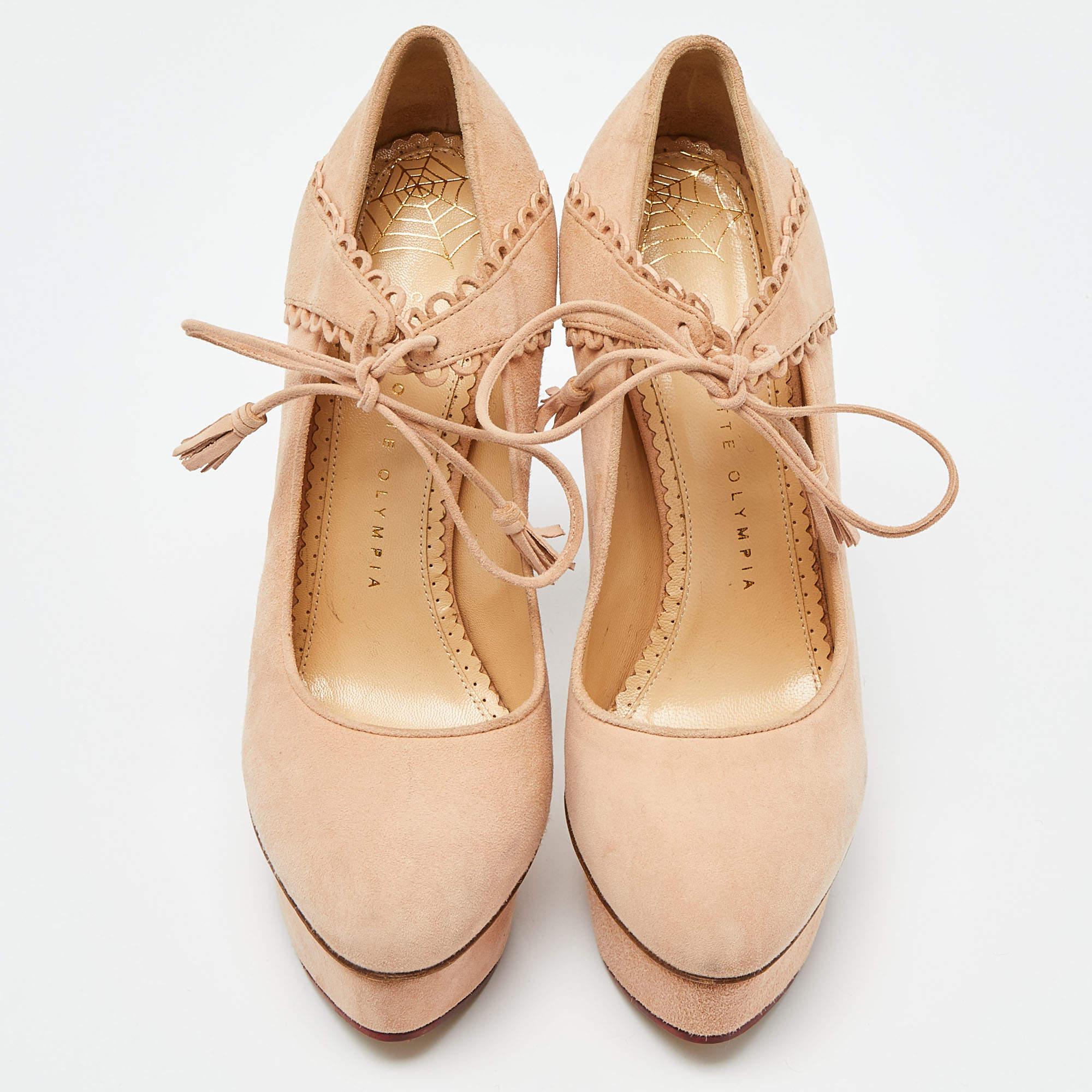 Beige Charlotte Olympia Salmon Peach Suede Dolly Platform Pumps Size 38.5