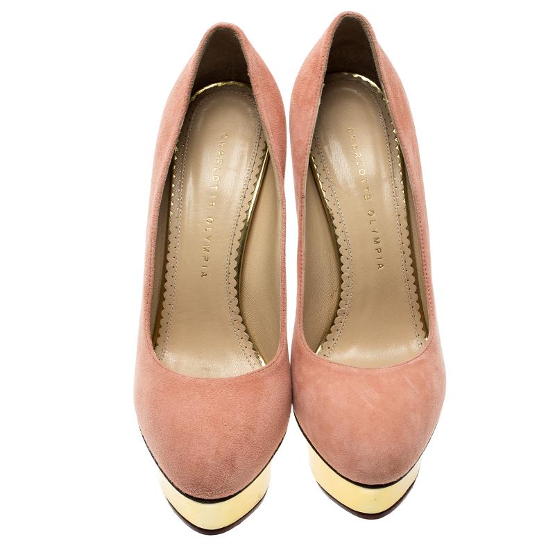 Orange Charlotte Olympia Salmon Pink Suede Dolly Platform Pumps Size 39 For Sale