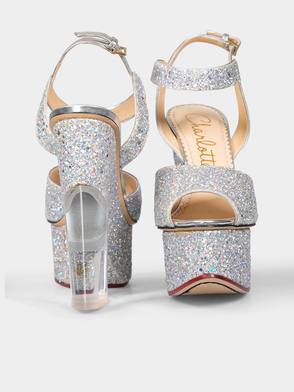 Charlotte Olympia Silver Glitter Platform Heels Size IT 37 In Good Condition For Sale In London, GB