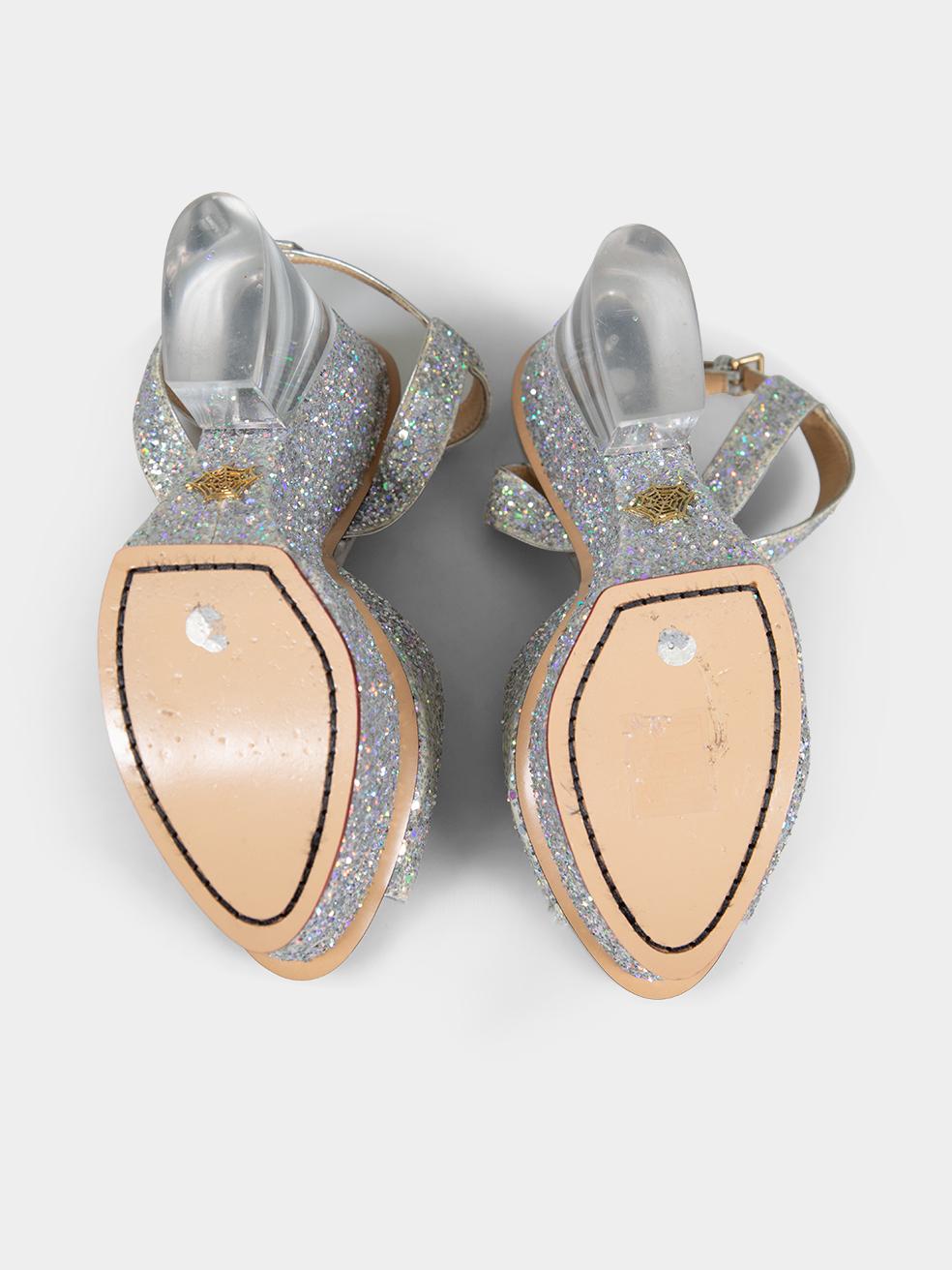 Women's Charlotte Olympia Silver Glitter Platform Heels Size IT 37 For Sale