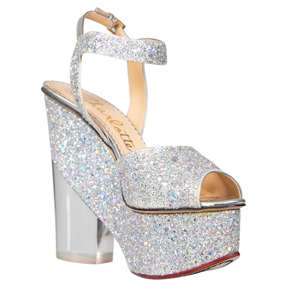 Charlotte Olympia Silver Glitter Platform Heels Size IT 37 For Sale