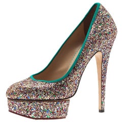 Charlotte Olympia Silver Glitter Priscilla Platform Pumps Size 39.5