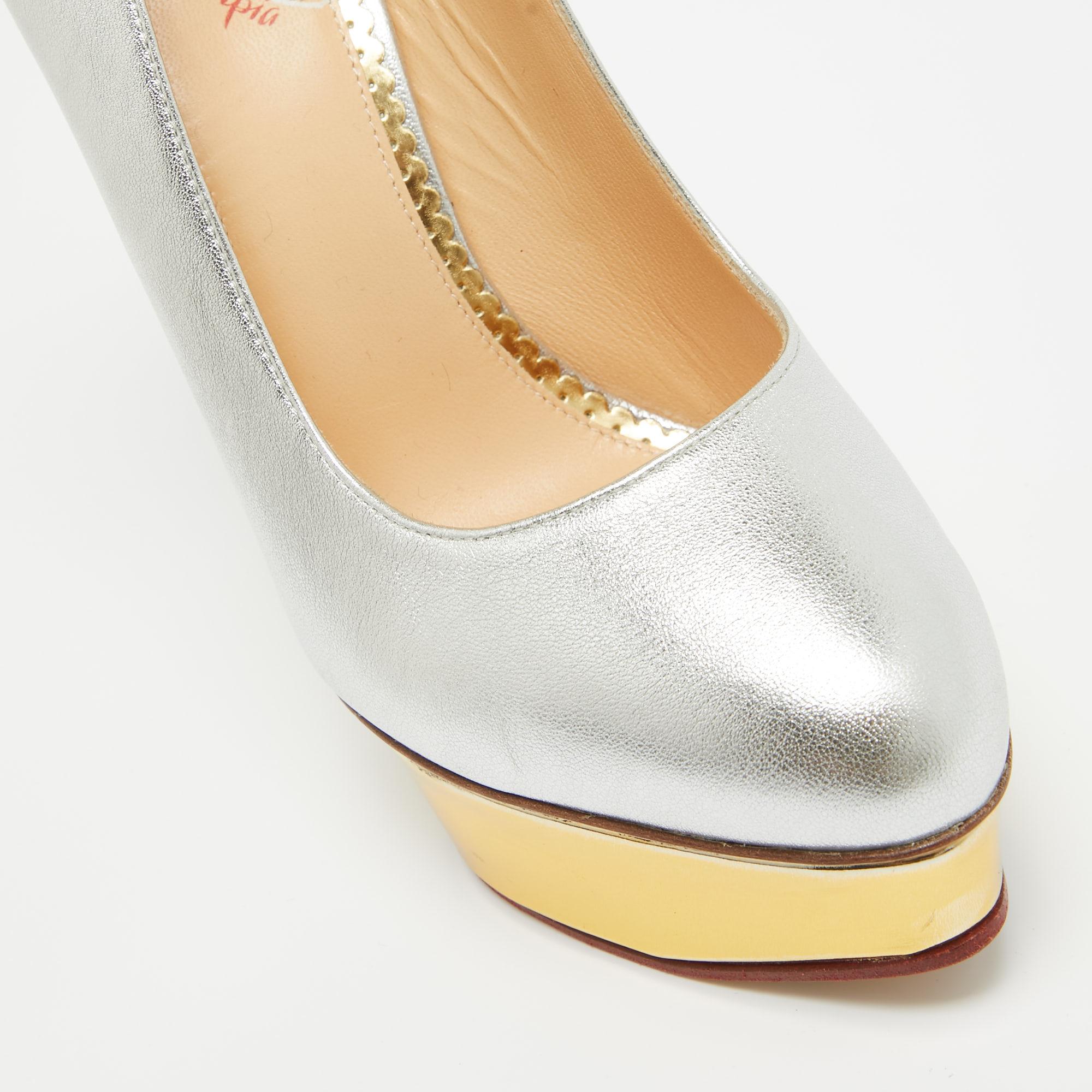 Charlotte Olympia Silver Leather Dolly Platform Pumps Size 40 For Sale 1