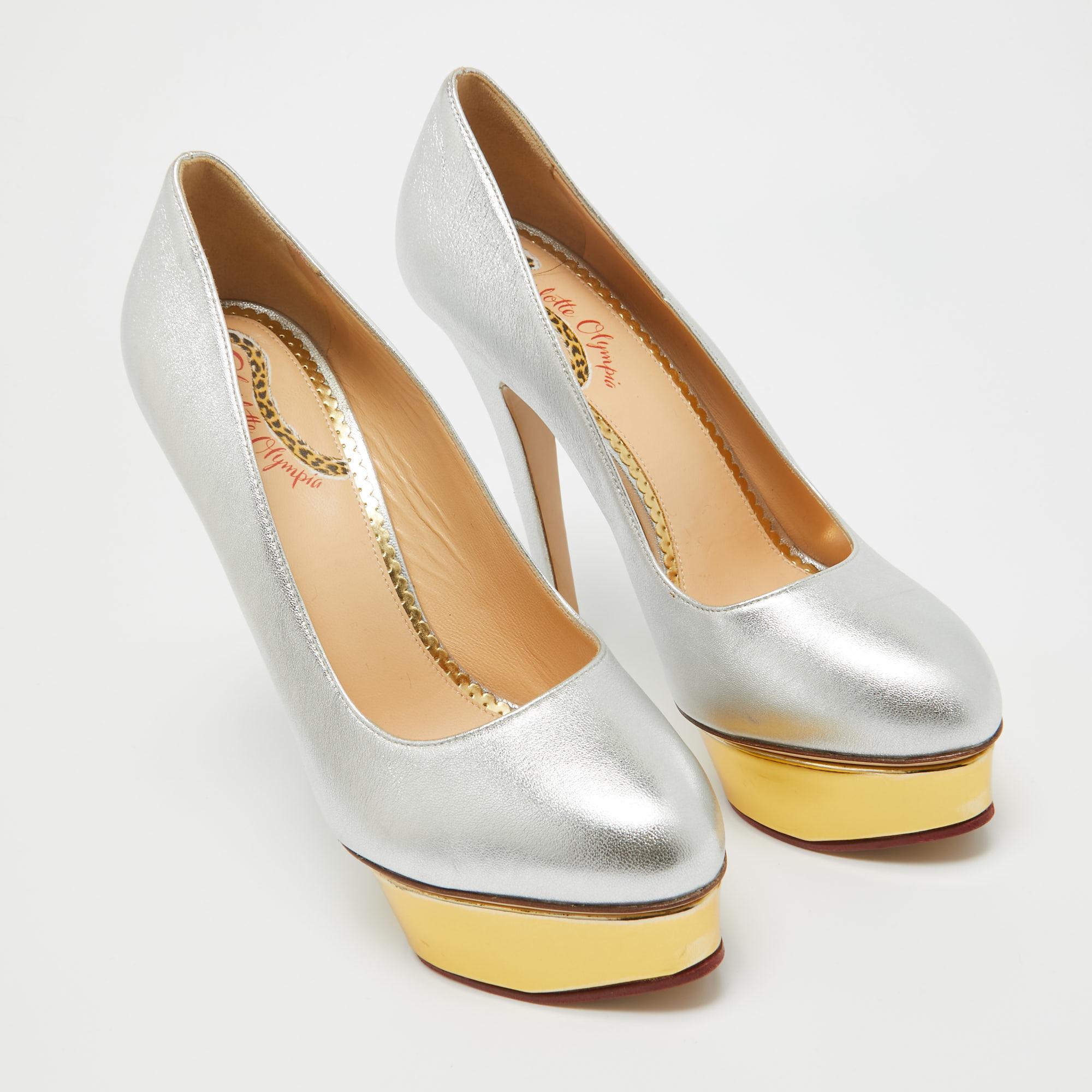 Charlotte Olympia Silver Leather Dolly Platform Pumps Size 40 For Sale 2