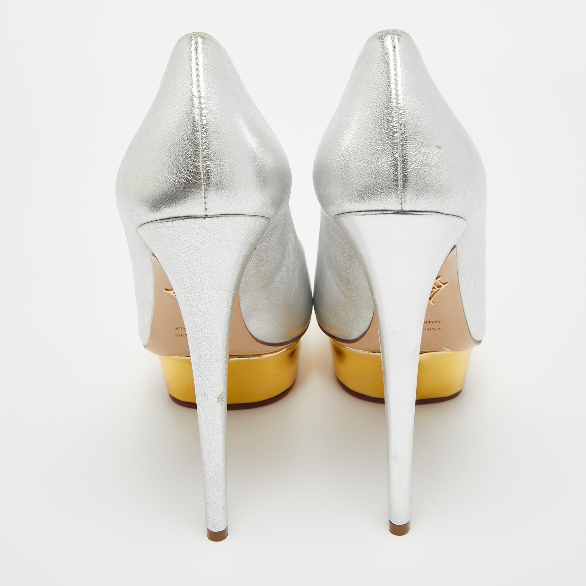 Charlotte Olympia Silver Leather Dolly Platform Pumps Size 40 For Sale 3