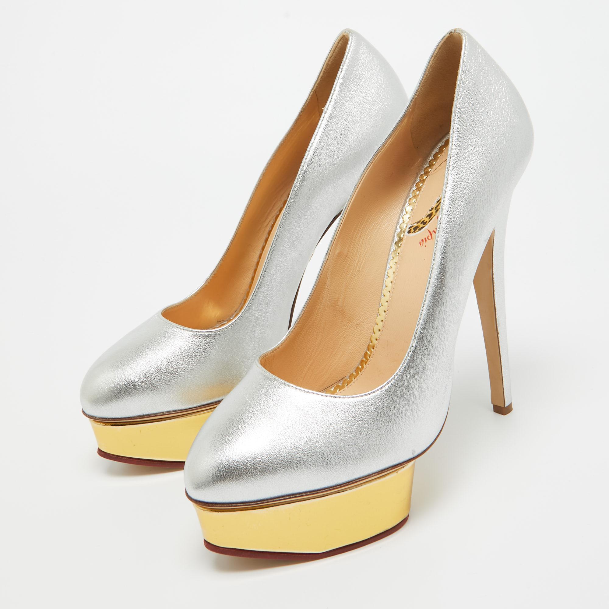 Charlotte Olympia Silver Leather Dolly Platform Pumps Size 40 For Sale 4