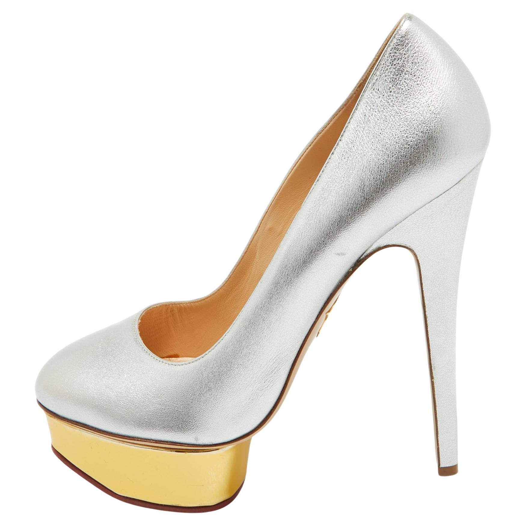Charlotte Olympia Silver Leather Dolly Platform Pumps Size 40 For Sale