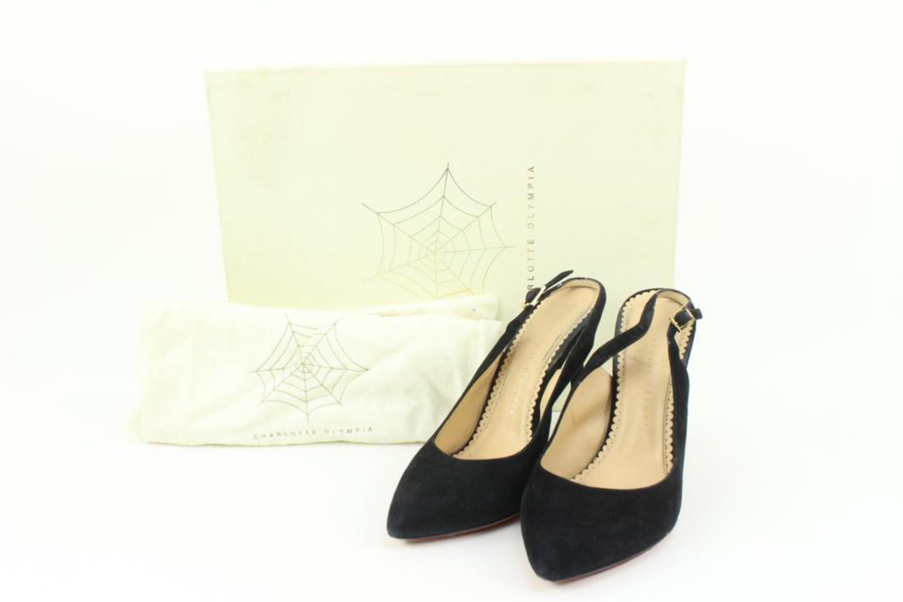 Charlotte Olympia Size 36.5 Black Suede Slingback Heels 50co37s
Made In: Italy
Measurements: Length:  9.2