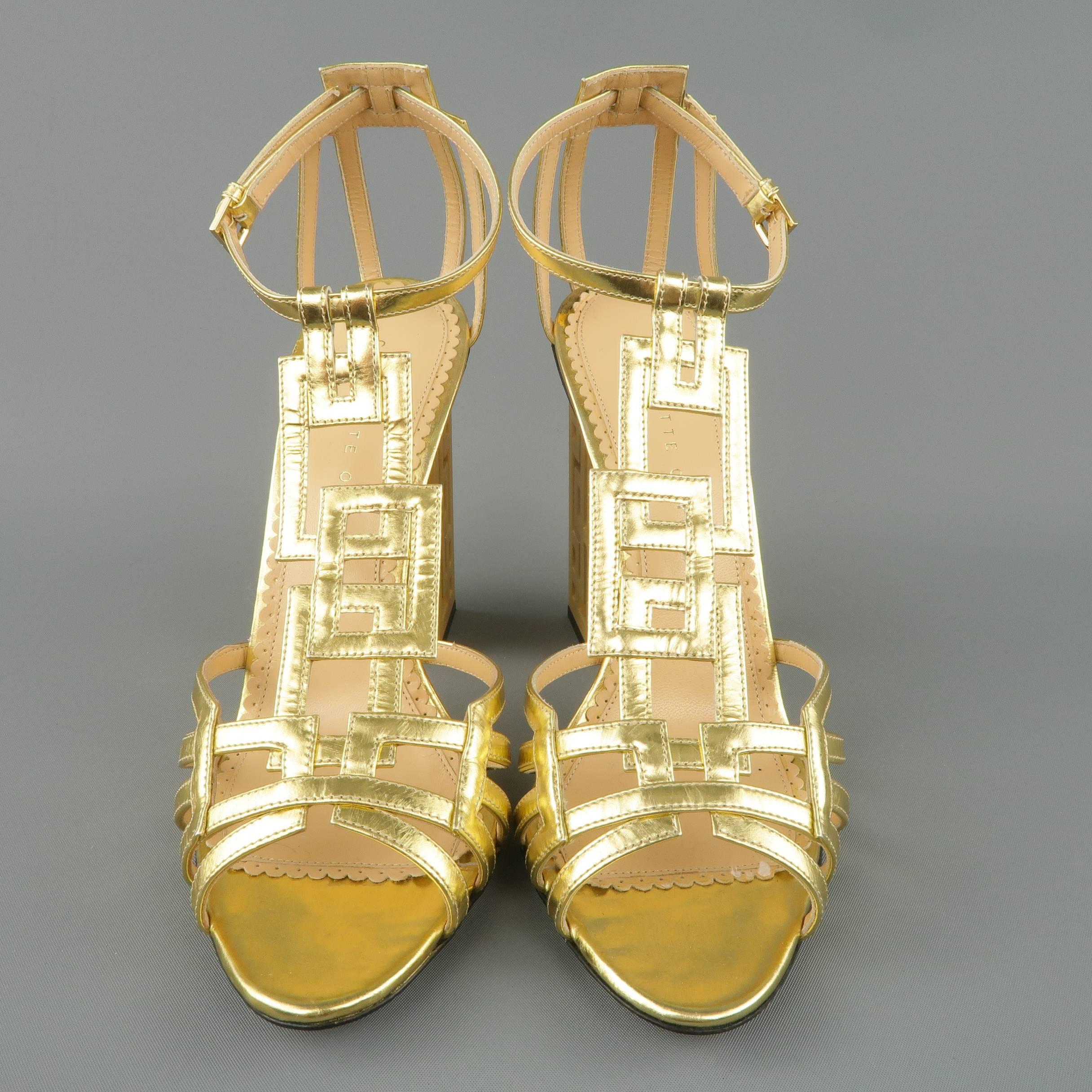 CHARLOTTE OLYMPIA Size 8.5 Metallic Gold Leather T-strap Cutout Heel Sandals In New Condition In San Francisco, CA