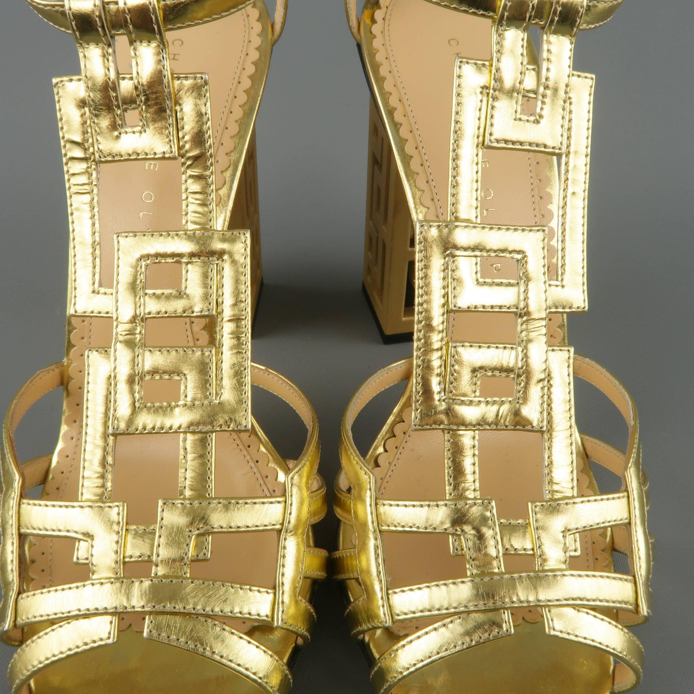 Women's CHARLOTTE OLYMPIA Size 8.5 Metallic Gold Leather T-strap Cutout Heel Sandals