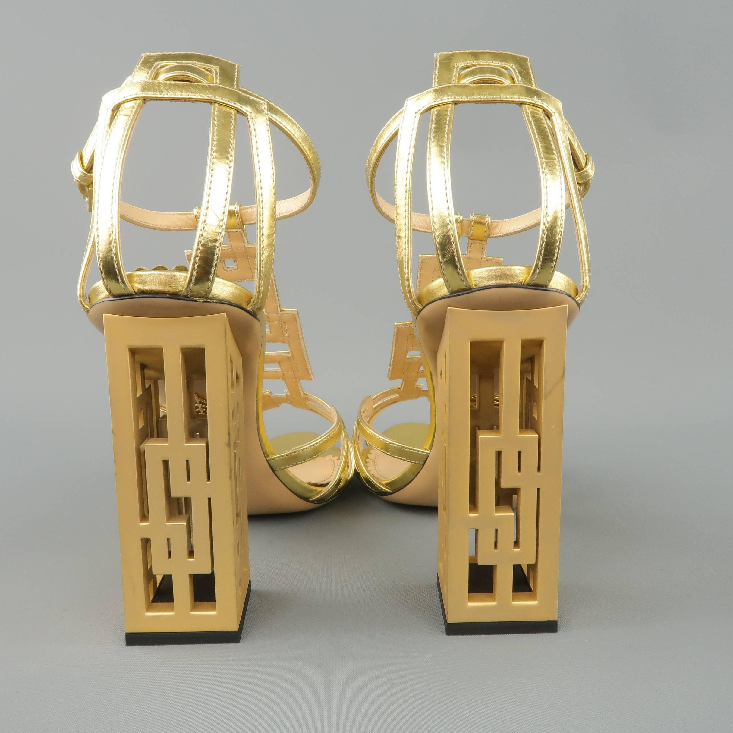 CHARLOTTE OLYMPIA Size 8.5 Metallic Gold Leather T-strap Cutout Heel Sandals 3