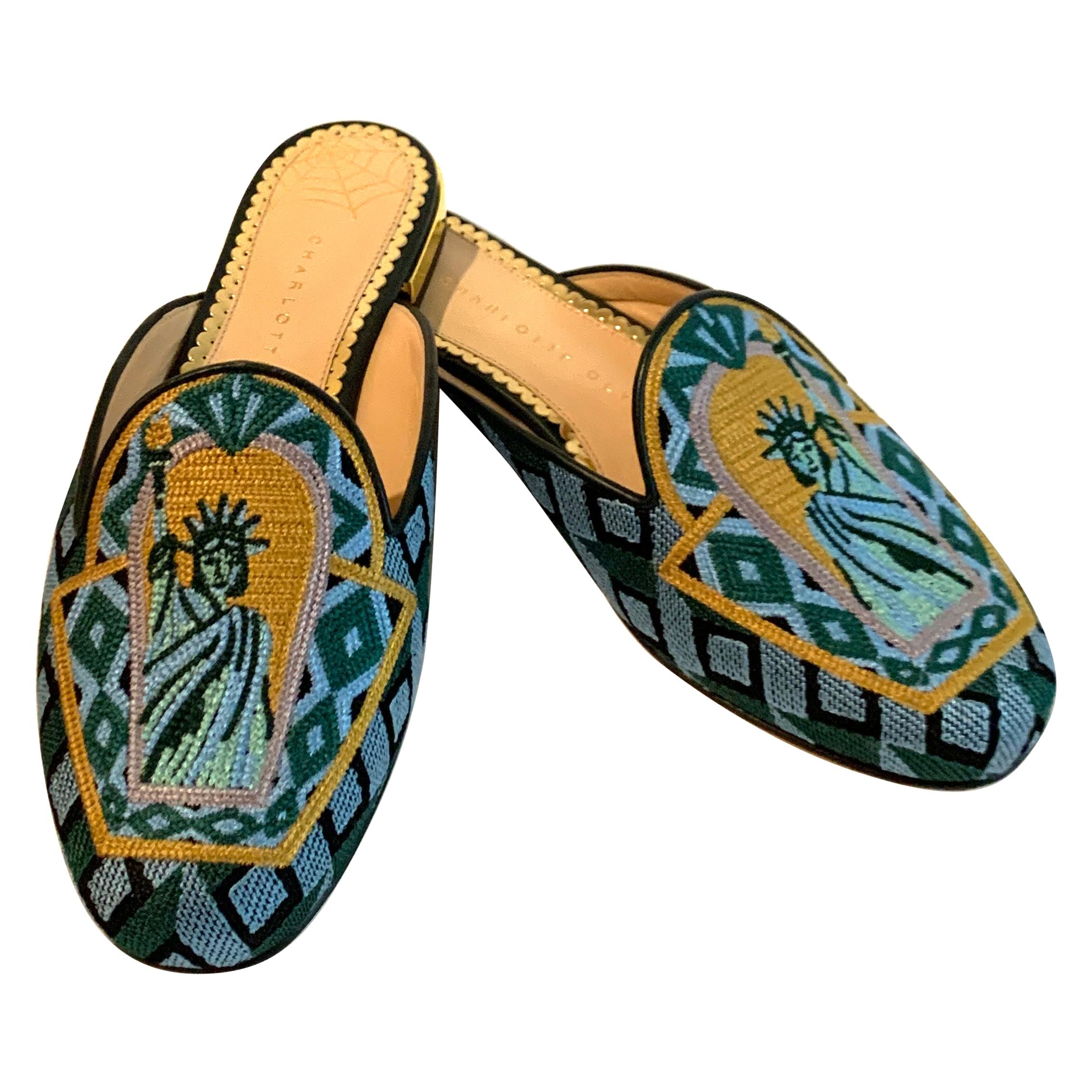 Charlotte Olympia Statue of Liberty Embroidered Mule Slide Flat Shoe For Sale