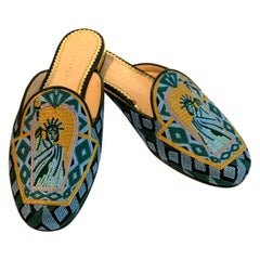 Charlotte Olympia Statue of Liberty Blue & Gold Embroidered Mule Slide Flat Shoe