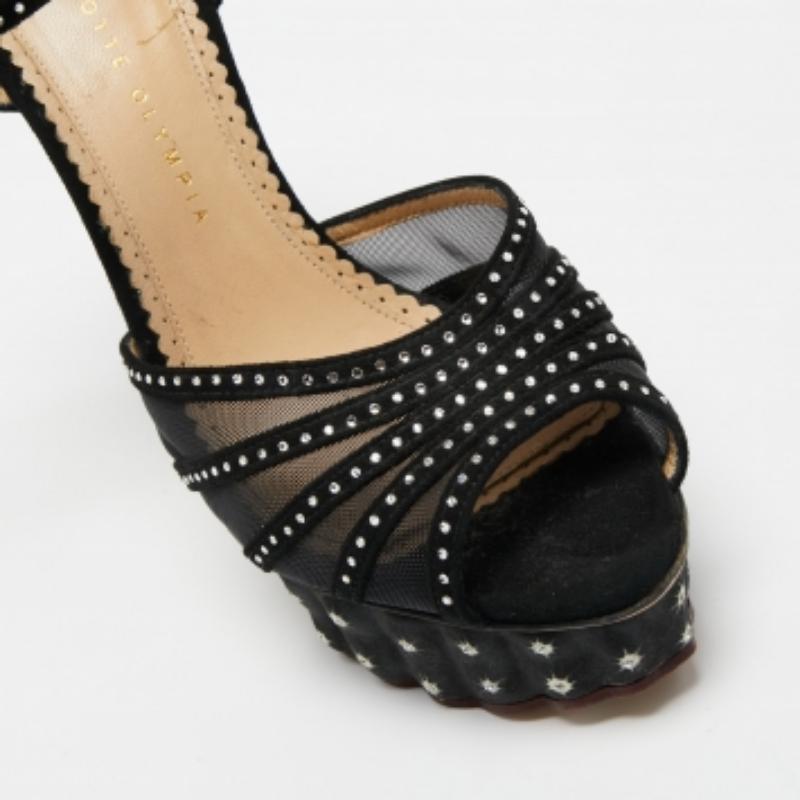 Charlotte Olympia Suede Crystal Studded Ankle Strap Platform Sandals Size 40 For Sale 1