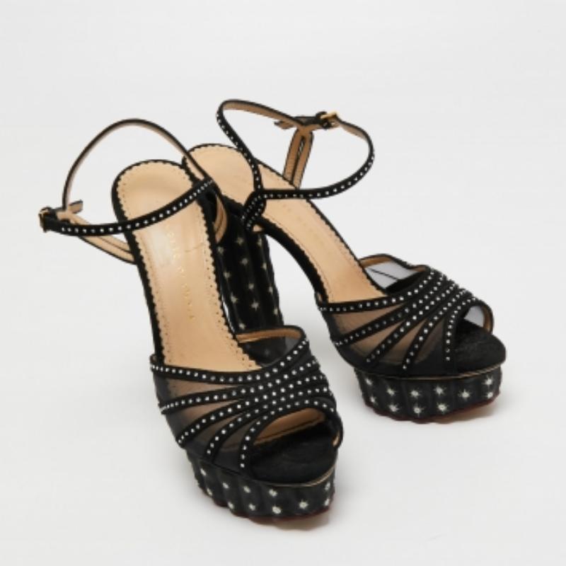 Charlotte Olympia Suede Crystal Studded Ankle Strap Platform Sandals Size 40 For Sale 2