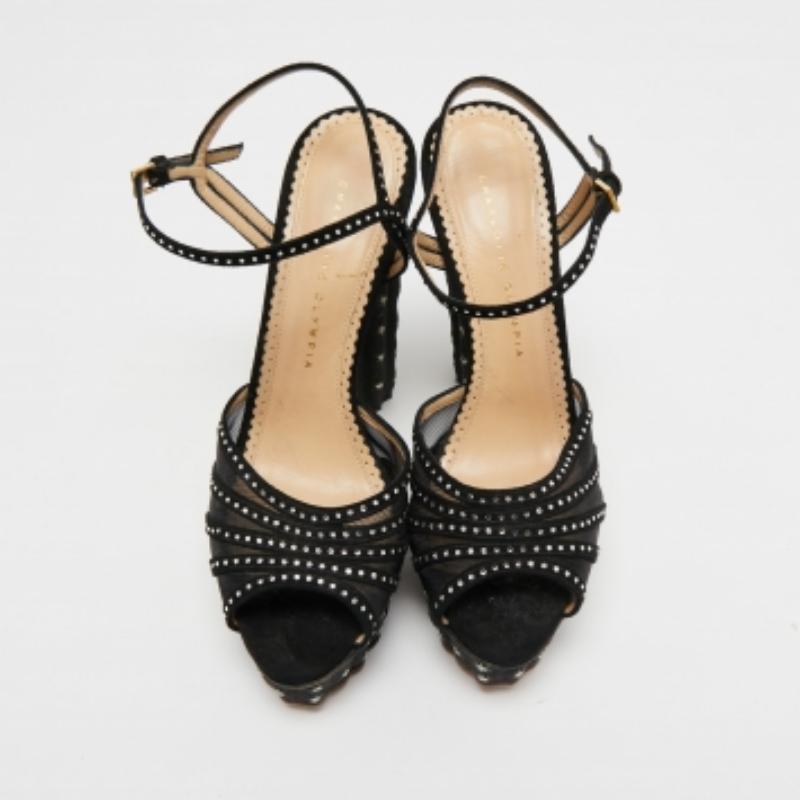 Charlotte Olympia Suede Crystal Studded Ankle Strap Platform Sandals Size 40 For Sale 3