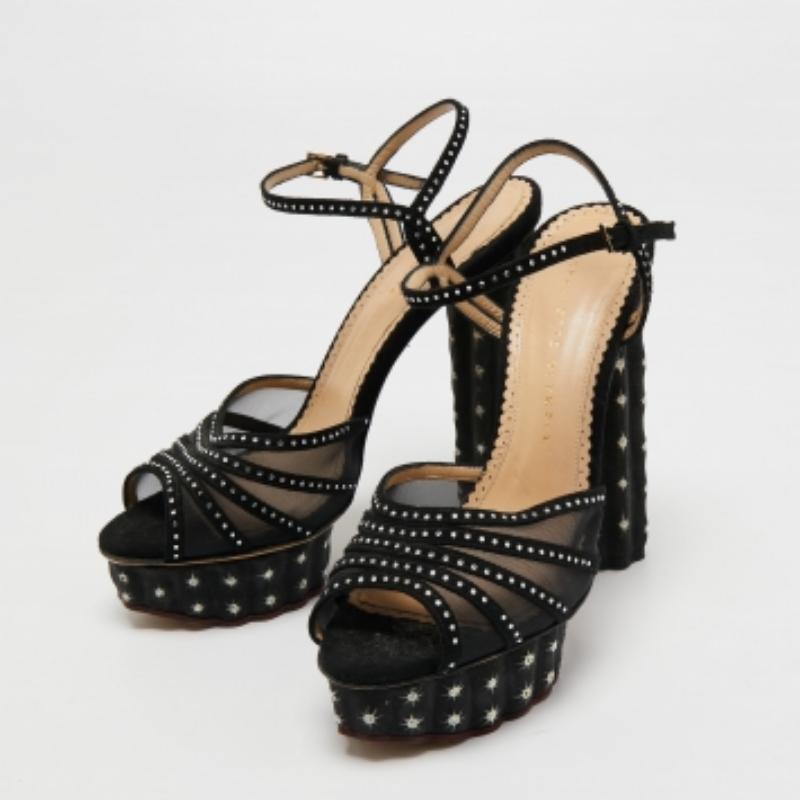 Charlotte Olympia Suede Crystal Studded Ankle Strap Platform Sandals Size 40 For Sale 4