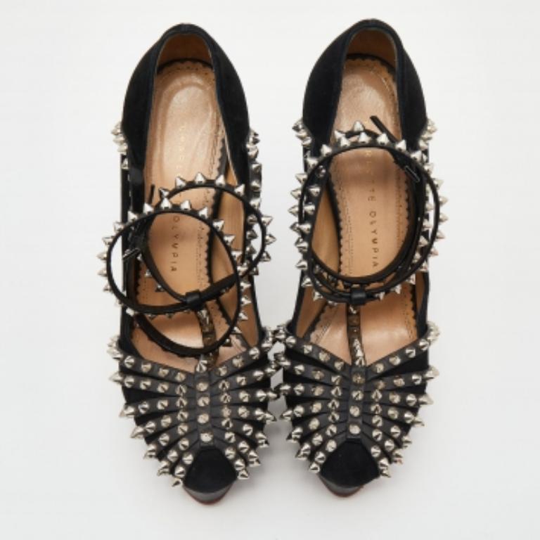 Black Charlotte Olympia Suede Studded Strappy Ankle Strap Platform Sandals Size 38 For Sale