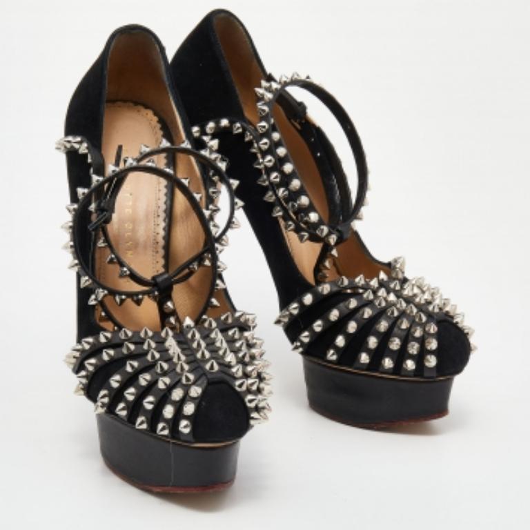 Charlotte Olympia Suede Studded Strappy Ankle Strap Platform Sandals Size 38 In Fair Condition For Sale In Dubai, Al Qouz 2