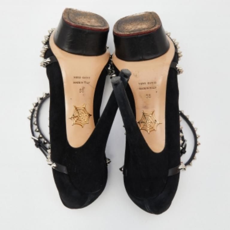 Charlotte Olympia Suede Studded Strappy Ankle Strap Platform Sandals Size 38 For Sale 2