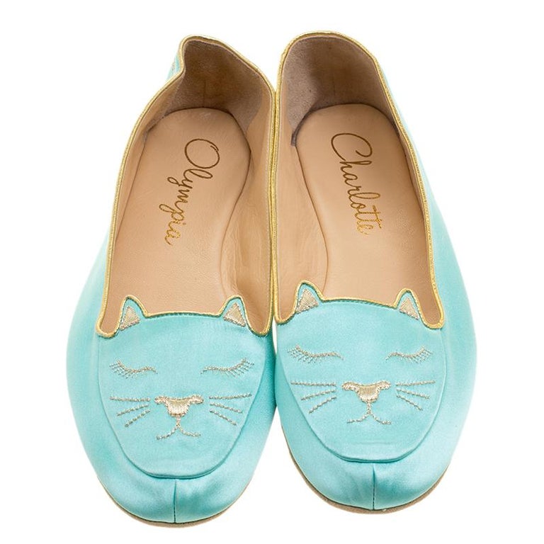 Charlotte Olympia Teal Blue Satin Cat Nap Slipper Set L For Sale at