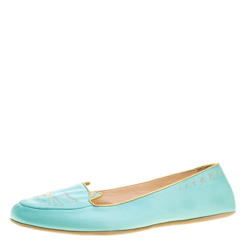 Charlotte Olympia Teal Blue Satin Cat Nap Slipper Set L