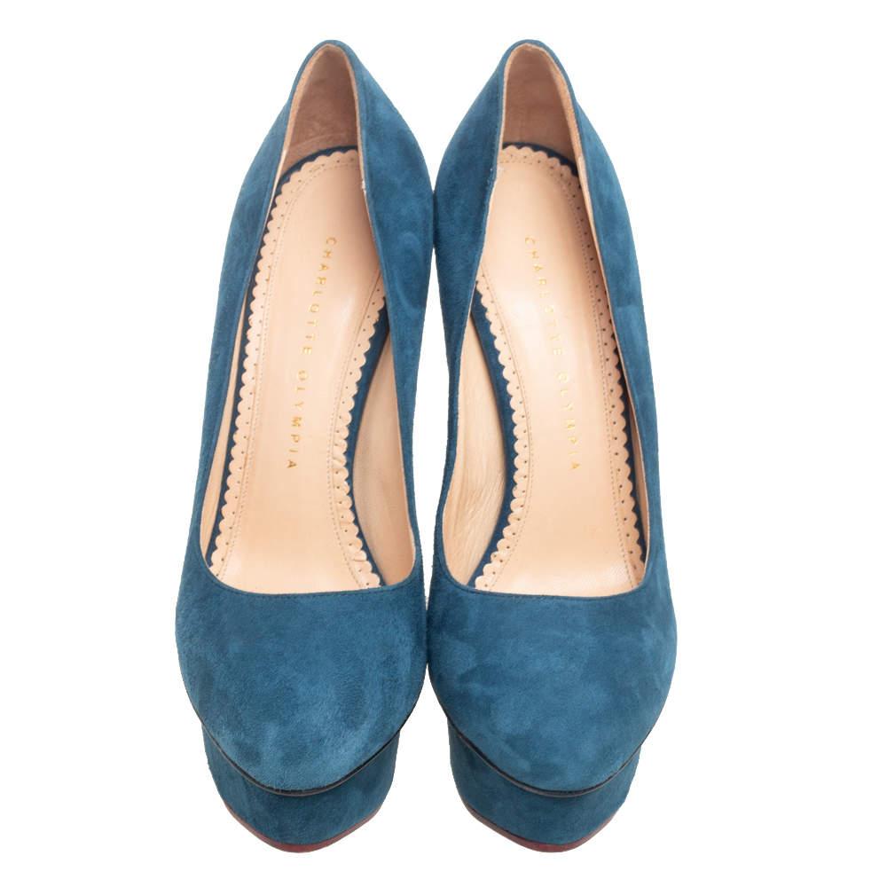 Charlotte Olympia Teal Blue Suede Dolly Platform Pumps Size 38 In Good Condition In Dubai, Al Qouz 2