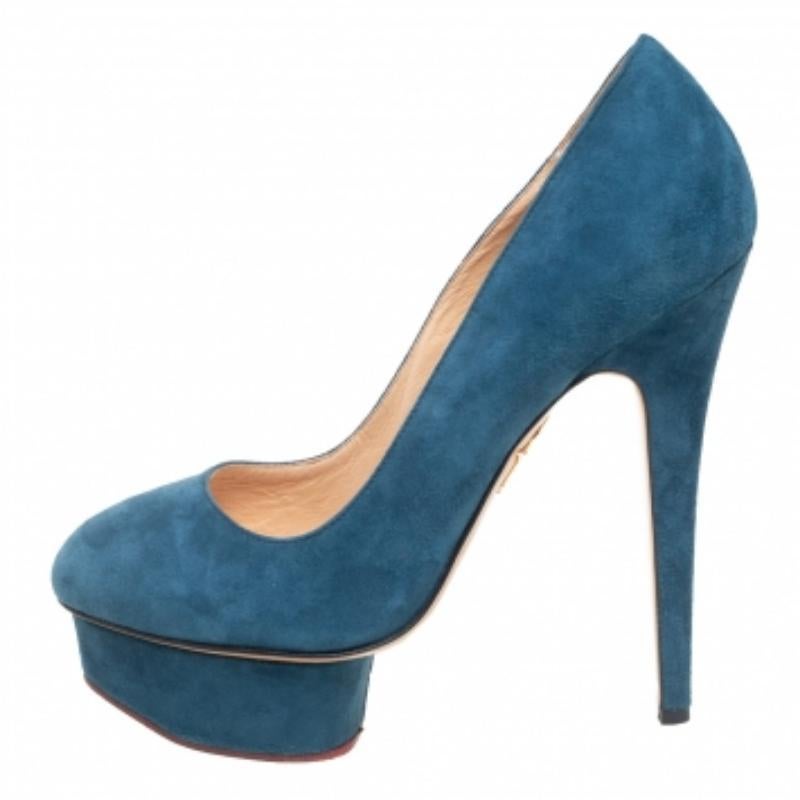 Charlotte Olympia Teal Blue Suede Dolly Platform Pumps Size 38 In Excellent Condition In Dubai, Al Qouz 2