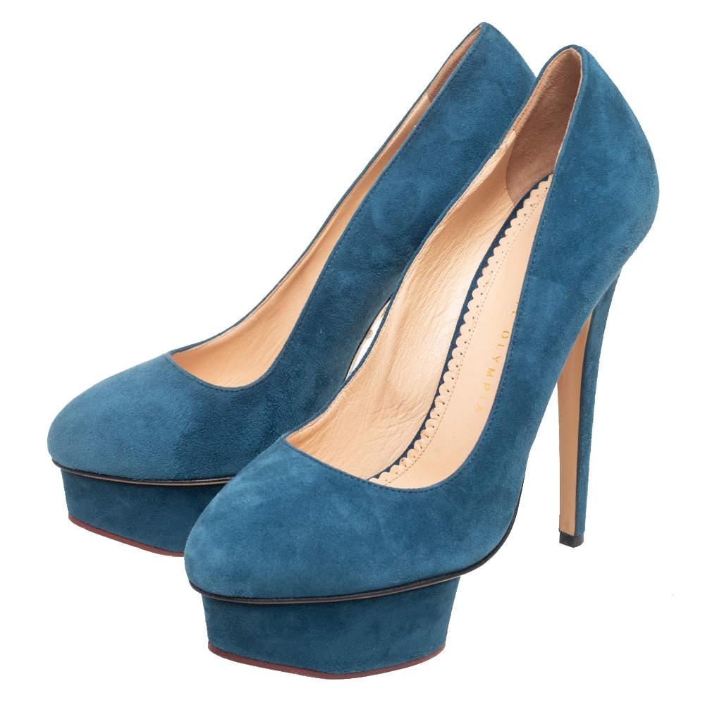 Women's Charlotte Olympia Teal Blue Suede Dolly Platform Pumps Size 38