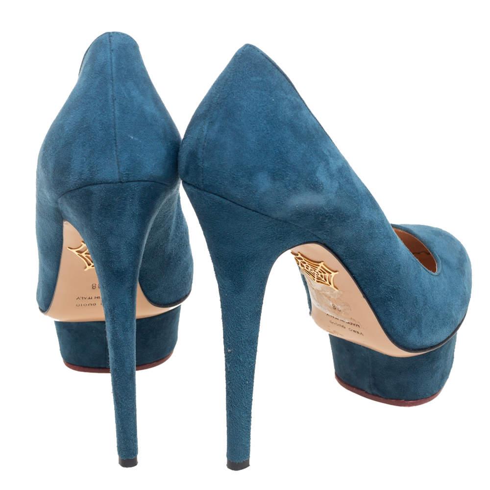 Charlotte Olympia Teal Blue Suede Dolly Platform Pumps Size 38 1