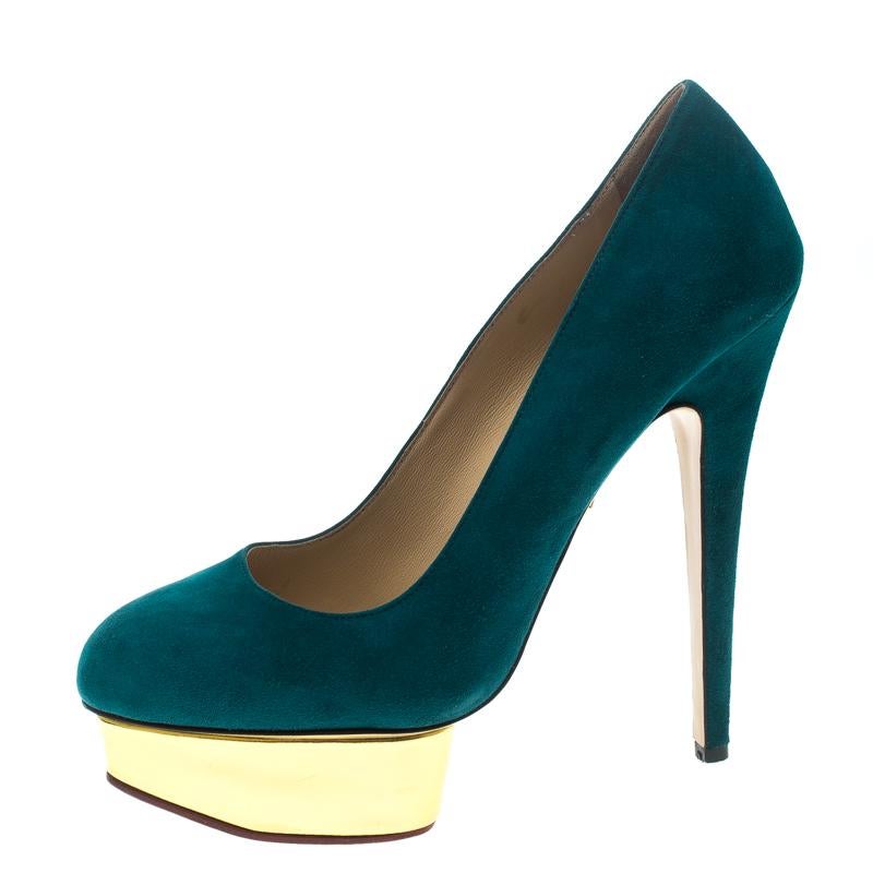 This statement pair from Charlotte Olympia comes with the label’s signature island platform. These stunning beauties are handcrafted in Italy. The teal blue color and sky high heels look amazing with dresses, skirts as well as pants.

Heel Size: