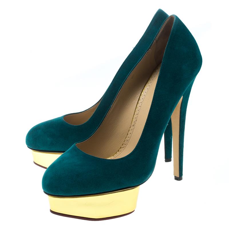 Charlotte Olympia Teal Blue Suede Dolly Platform Pumps Size 40 In Good Condition In Dubai, Al Qouz 2