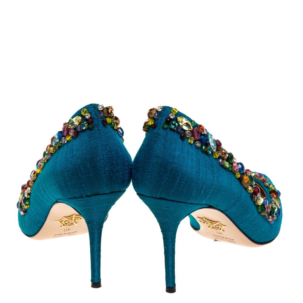 Blue Charlotte Olympia Teal Silk Crystal Embellished Semiprecious Pumps Size 40