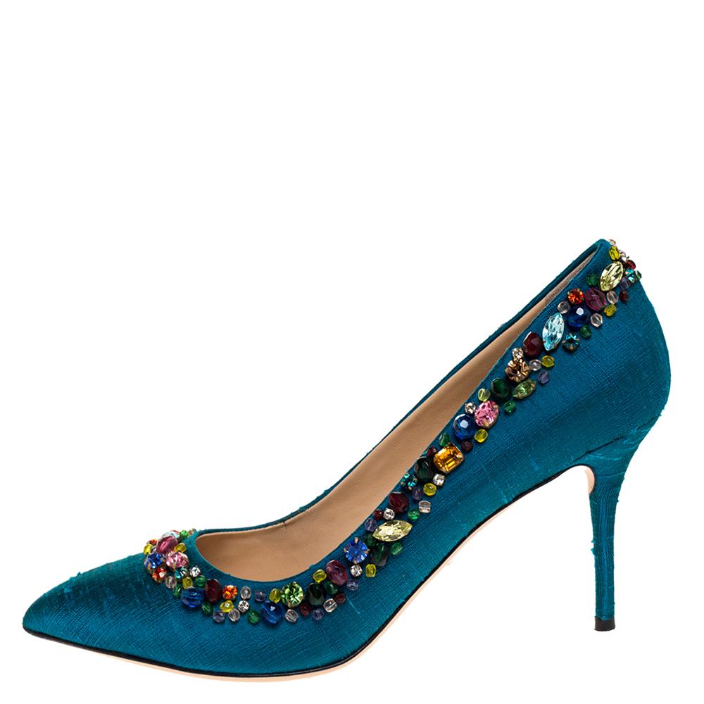 Women's Charlotte Olympia Teal Silk Crystal Embellished Semiprecious Pumps Size 40