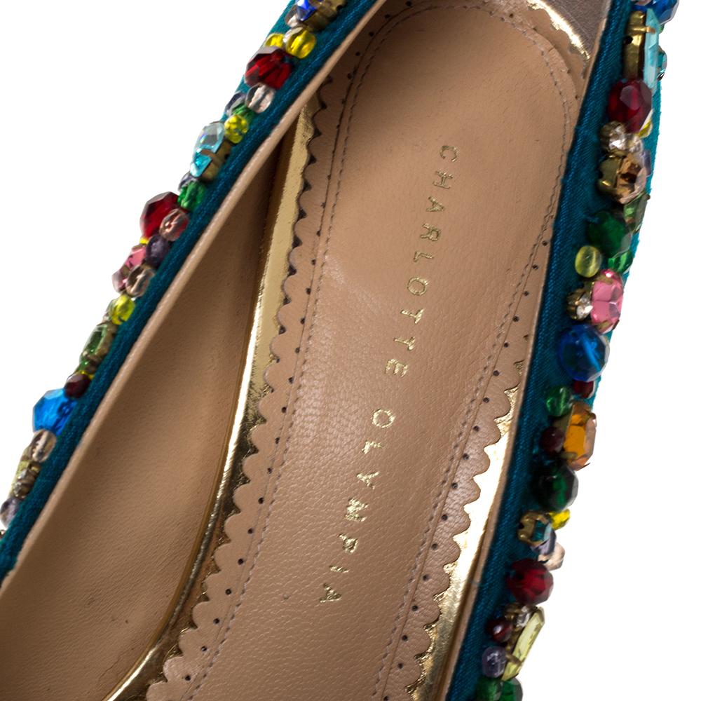 Charlotte Olympia Teal Silk Crystal Embellished Semiprecious Pumps Size 40 1