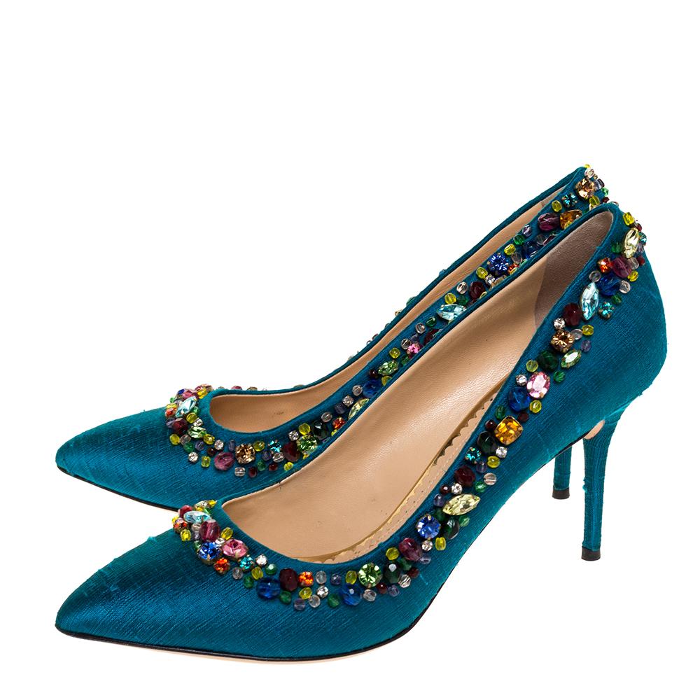 Charlotte Olympia Teal Silk Crystal Embellished Semiprecious Pumps Size 40 2