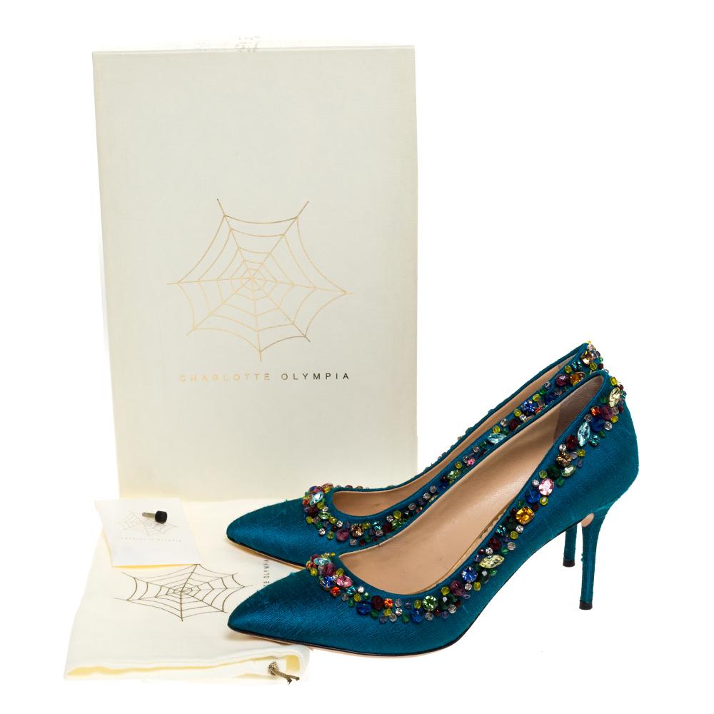 Charlotte Olympia Teal Silk Crystal Embellished Semiprecious Pumps Size 40 3