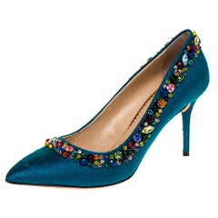 Charlotte Olympia Teal Silk Crystal Embellished Semiprecious Pumps Size 40