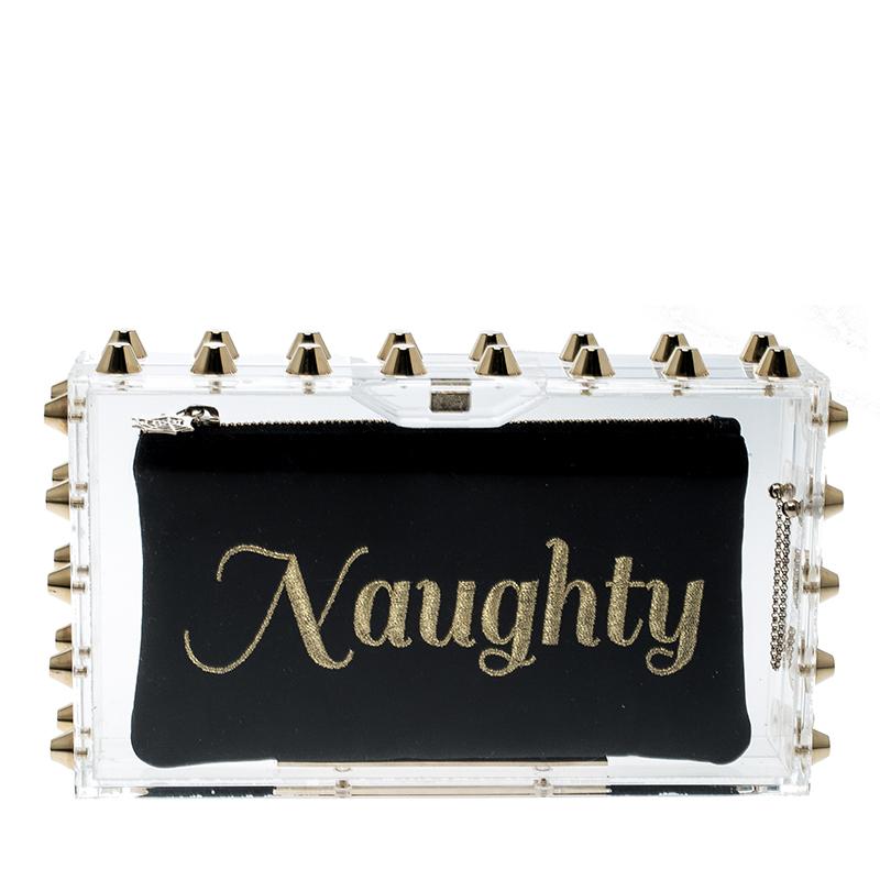 If you are someone who has a love for things that are edgy and unique, then this Pandora Box Clutch by Charlotte Olympia is perfect for you. Crafted from transparent Perspex, this stunner comes with an exquisite gold tone embellished exterior and an