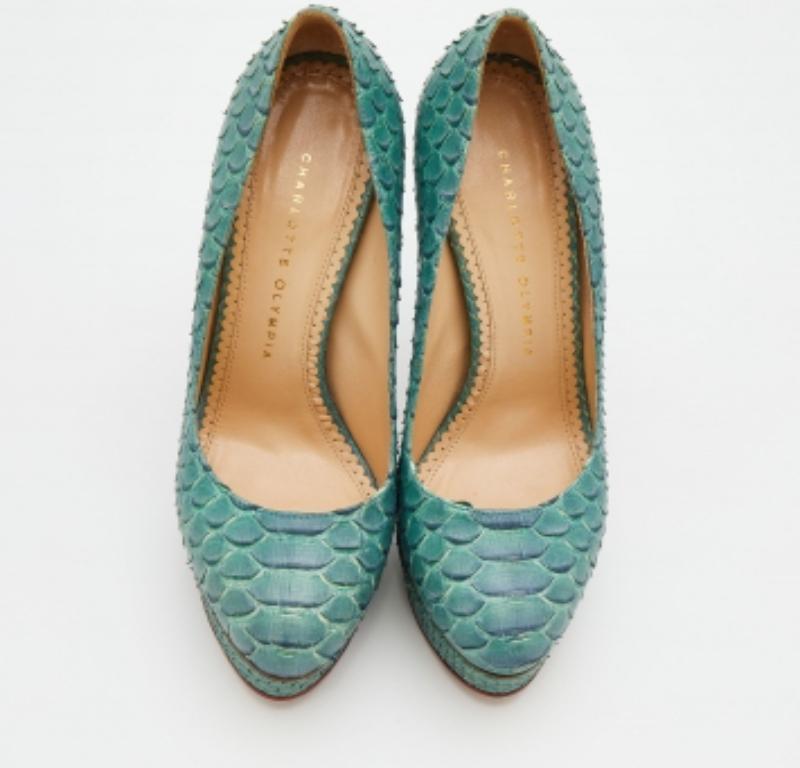 Vert Charlotte Olympia Turquoise Bleu Python Cuir Priscilla Platform Pumps Size 38 en vente