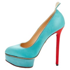 Charlotte Olympia Turquoise/Red Satin Josephine Platform Pumps Size 38