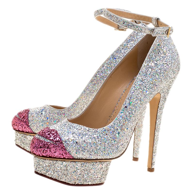 Charlotte Olympia Two Tone Glitter Kiss Me Dolores! Ankle Strap Platform Pumps S In New Condition In Dubai, Al Qouz 2